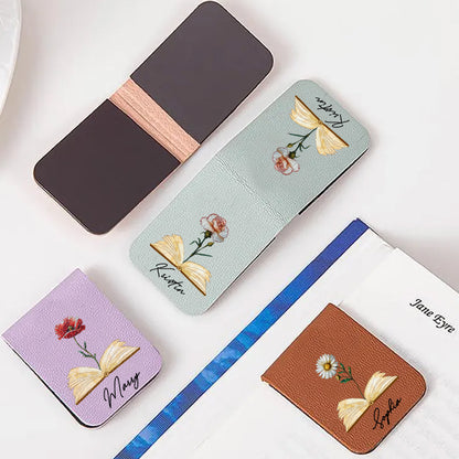 Leather Magnetic Bookmark – Personalized Custom Name & Flower Design for Book Lovers, Teachers, and Readers