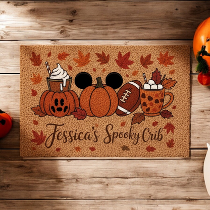 Personalized Halloween Coir Doormat – Pumpkins, Football & Pumpkin Spice Latte | Autumn Porch & Entryway Welcome Mat