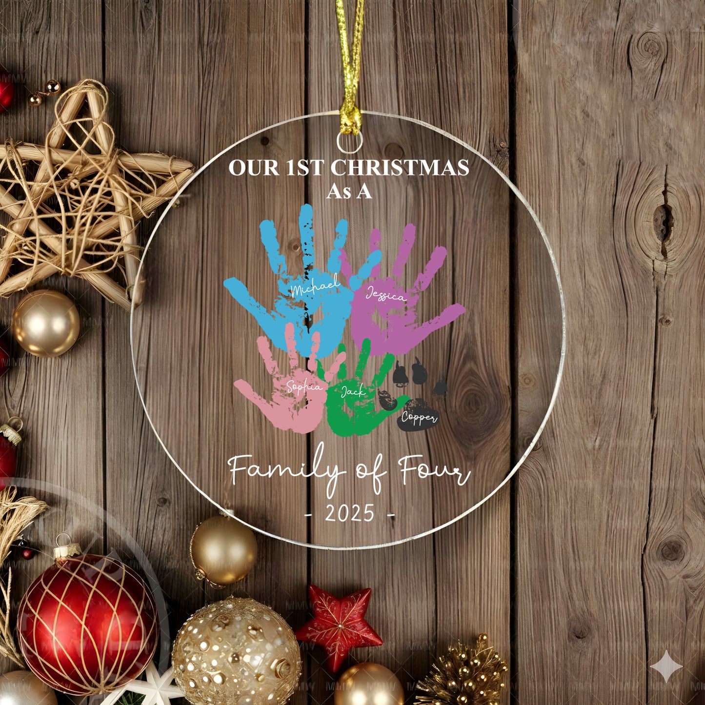 First Christmas As A Family Of Four Handprints - Personalized Circle Glass Ornament