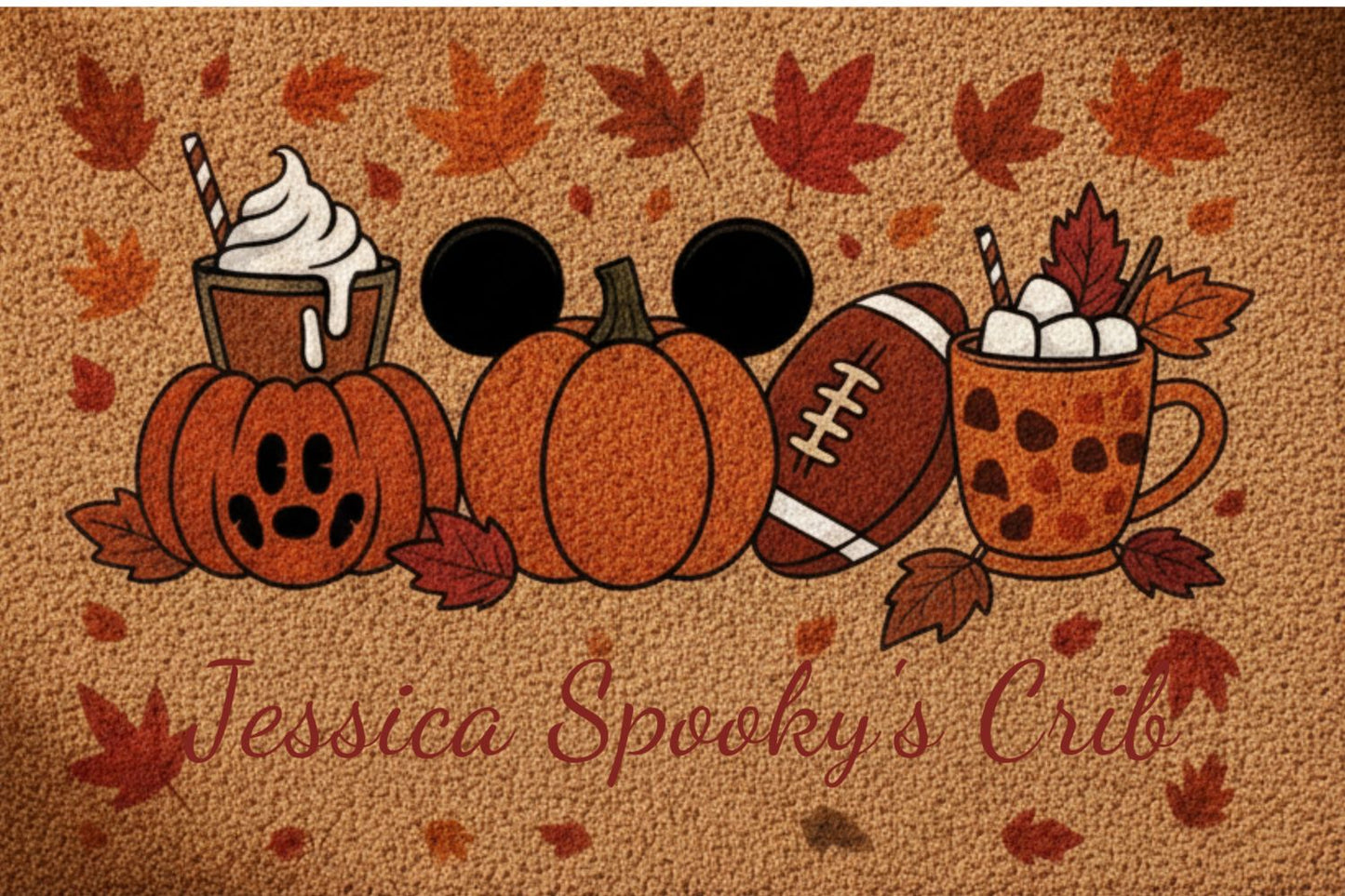 Personalized Halloween Coir Doormat – Pumpkins, Football & Pumpkin Spice Latte | Autumn Porch & Entryway Welcome Mat