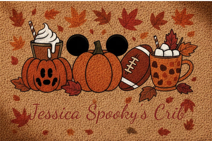 Personalized Halloween Coir Doormat – Pumpkins, Football & Pumpkin Spice Latte | Autumn Porch & Entryway Welcome Mat