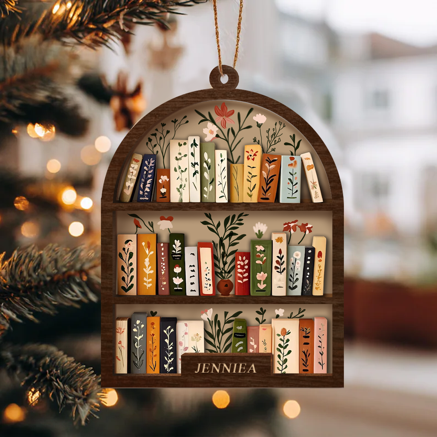 Custom Book Lover Ornament Wooden Bookshelf Decor - Personalized Name Christmas Gift for Reader Librarian Teacher