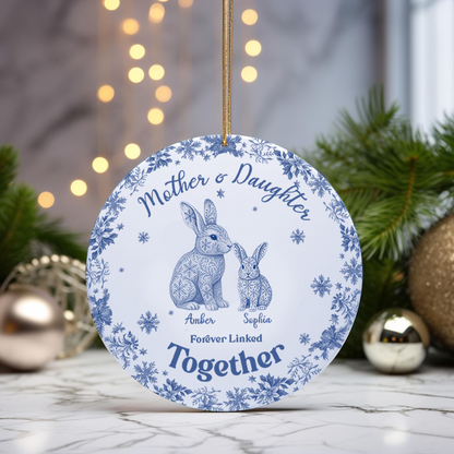 Custom Rabbit Toile de Jouy Ceramic Ornament – Personalized Circle Ceramic Gift for Mom & Daughter/Son, Forever Linked Together