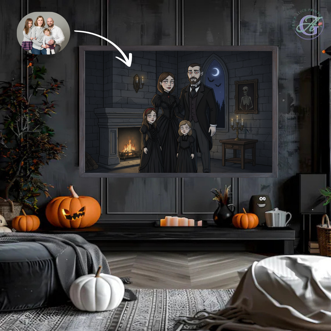Personalized Halloween Family Portrait | Spooky Vampire Custom Gift for Family | Gothic Home Decor Wall Art