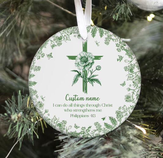 Custom Christian Flower Cross Ceramic Ornament – Personalized Religious Gift for Faith & Inspiration