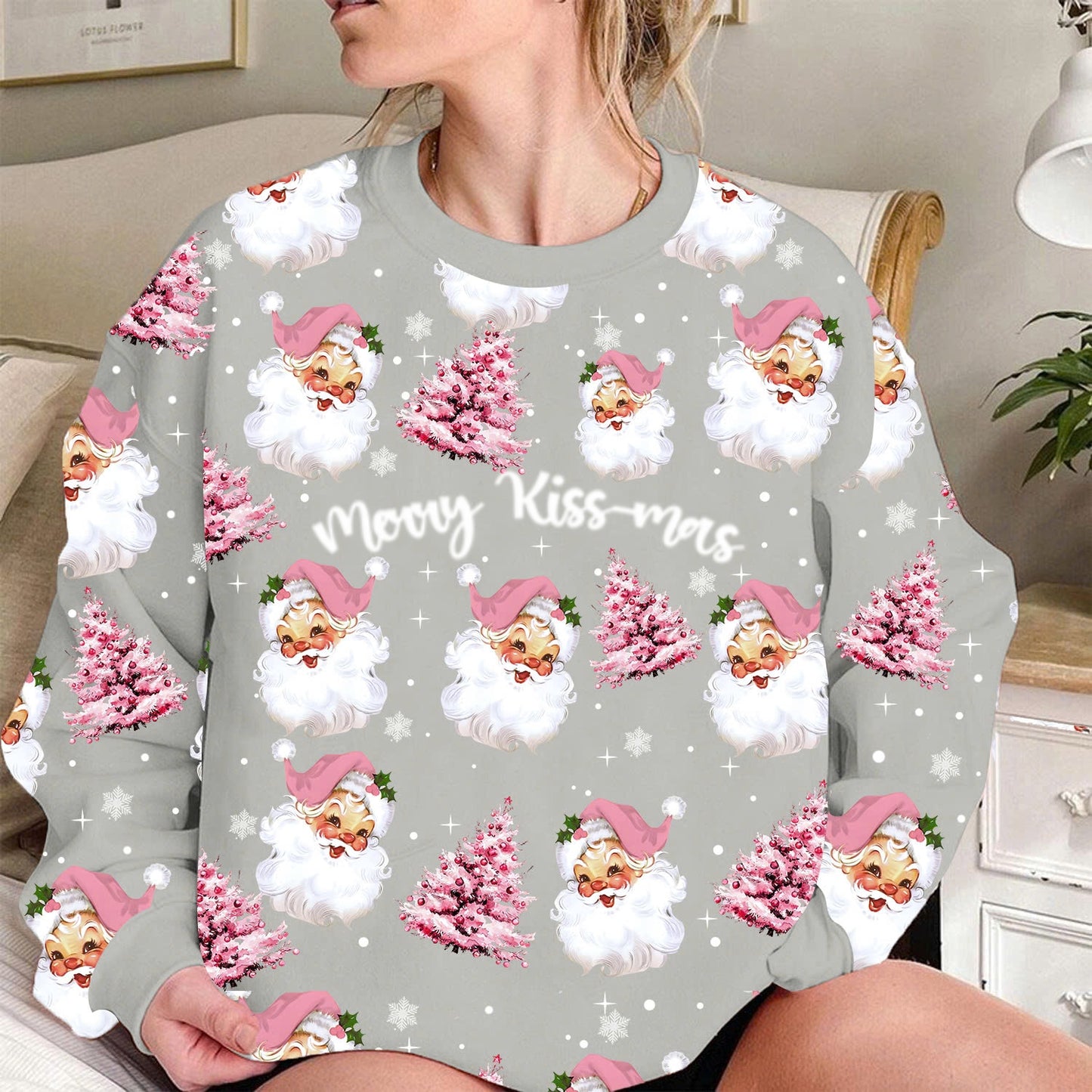 Funny Pink Santa Christmas Sweatshirt – Personalized Merry Kiss-mas & Santa Quote Holiday Pullover
