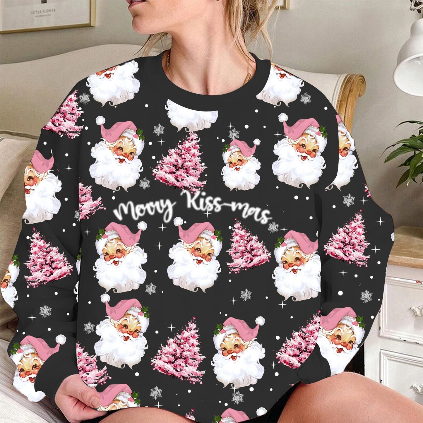 Funny Pink Santa Christmas Sweatshirt – Personalized Merry Kiss-mas & Santa Quote Holiday Pullover