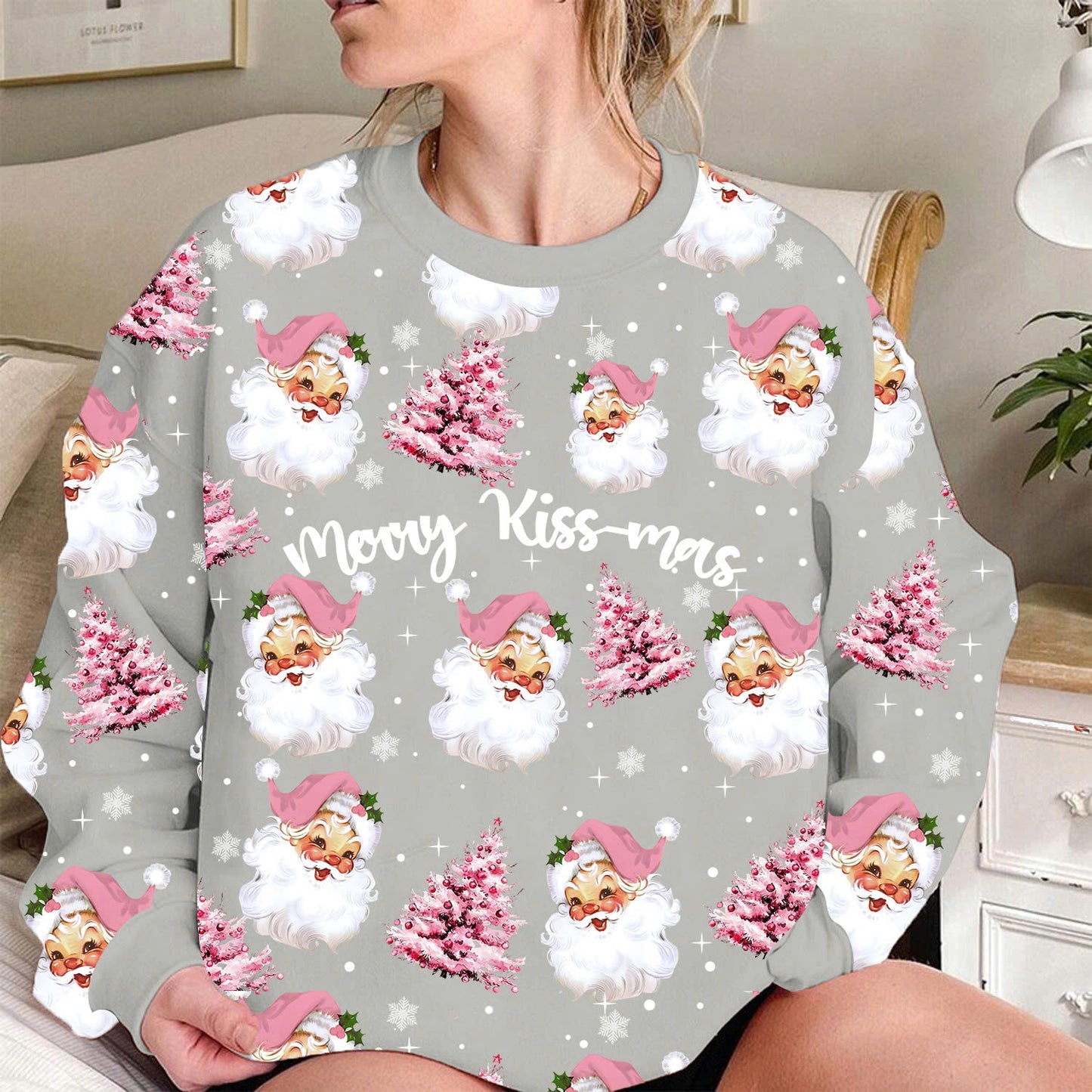 Funny Pink Santa Christmas Sweatshirt – Personalized Merry Kiss-mas & Santa Quote Holiday Pullover