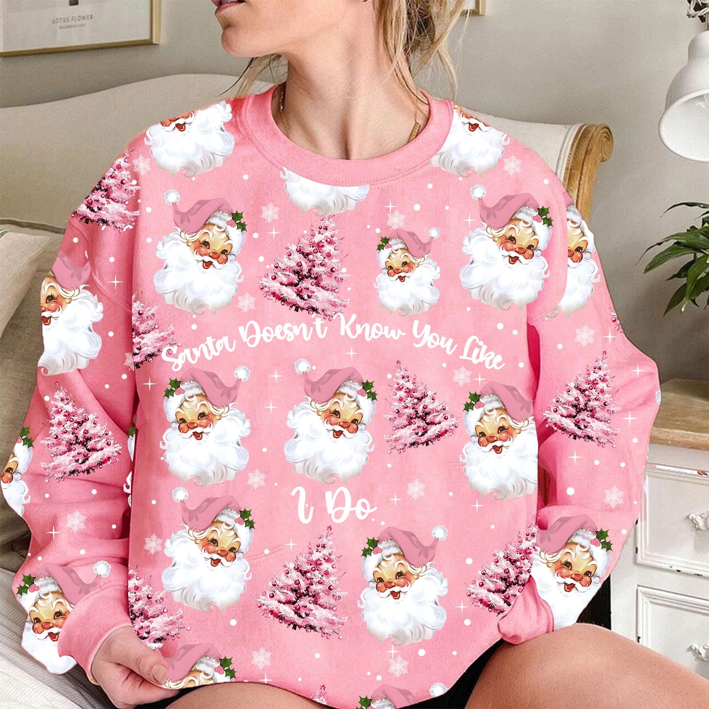 Funny Pink Santa Christmas Sweatshirt – Personalized Merry Kiss-mas & Santa Quote Holiday Pullover