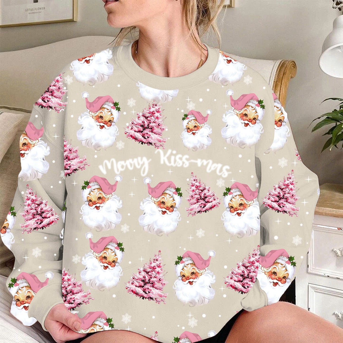 Funny Pink Santa Christmas Sweatshirt – Personalized Merry Kiss-mas & Santa Quote Holiday Pullover