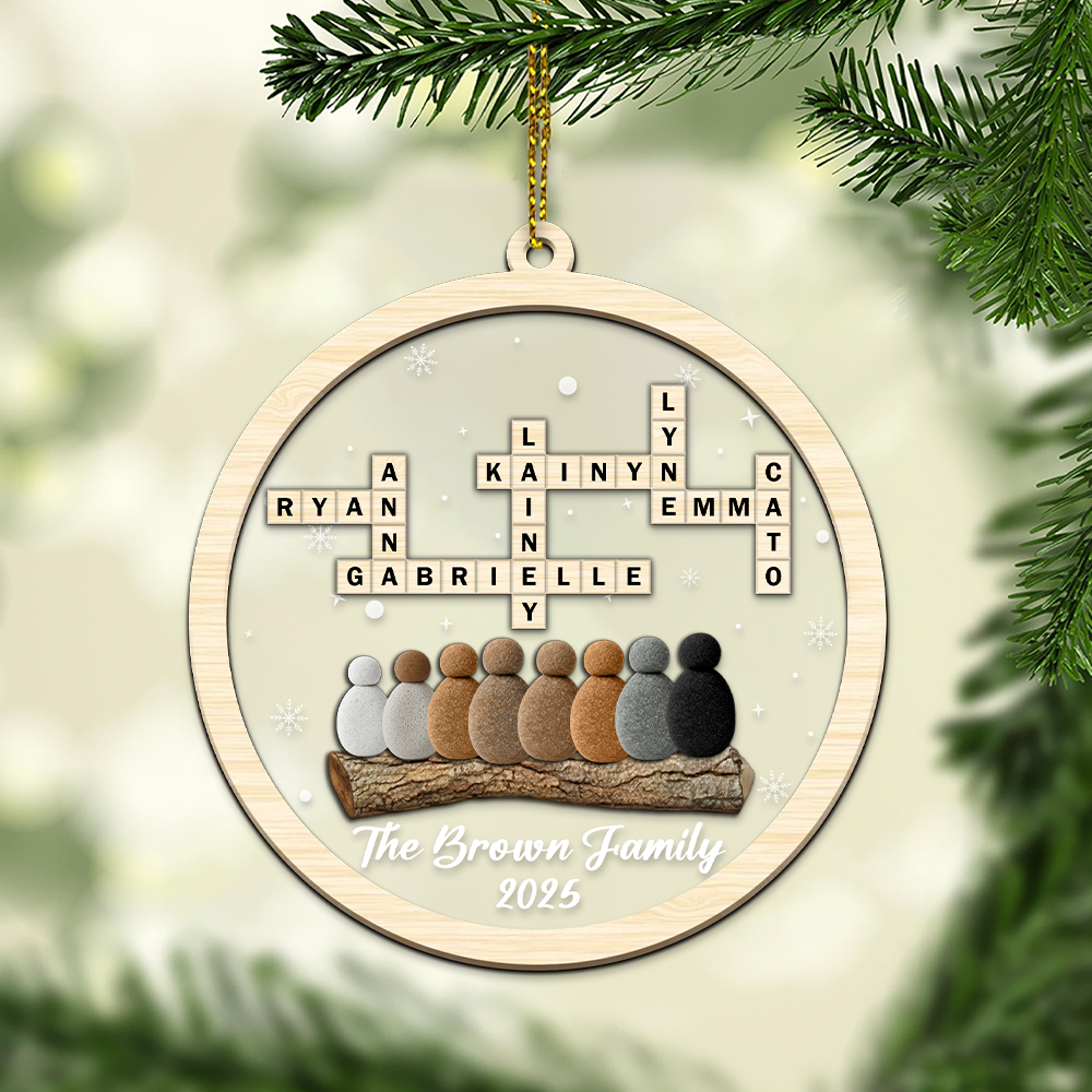 Custom 2-Layer Acrylic Family Crossword Ornament – Personalized Christmas Decoration with Pebble Family Design & Names