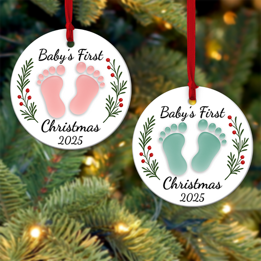 Custom Baby’s First Christmas Ceramic Ornament 2025 – Personalized Footprint Design, Pink & Blue Options, Newborn Keepsake Gift