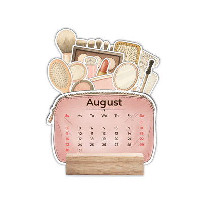 Custom Makeup Bag 2026 Calendar  with Wooden Stand – Personalized Cosmetic Organizer Desk Decoration Gift