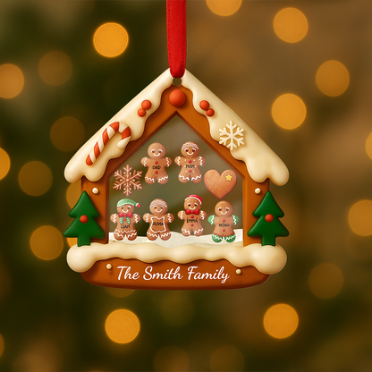 Custom Family Gingerbread House Ornament with Trees – Personalized Christmas Keepsake Acrylic Shaker Ornament
