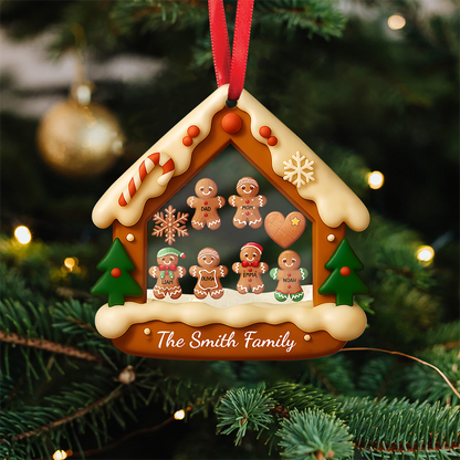 Custom Family Gingerbread House Ornament with Trees – Personalized Christmas Keepsake Acrylic Shaker Ornament
