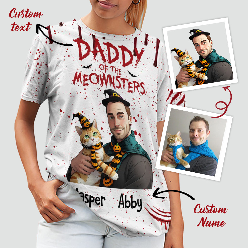 Custom Halloween 3D T-Shirt – Personalized “Daddy of the Meownsters” Cat & Owner T-Shirt