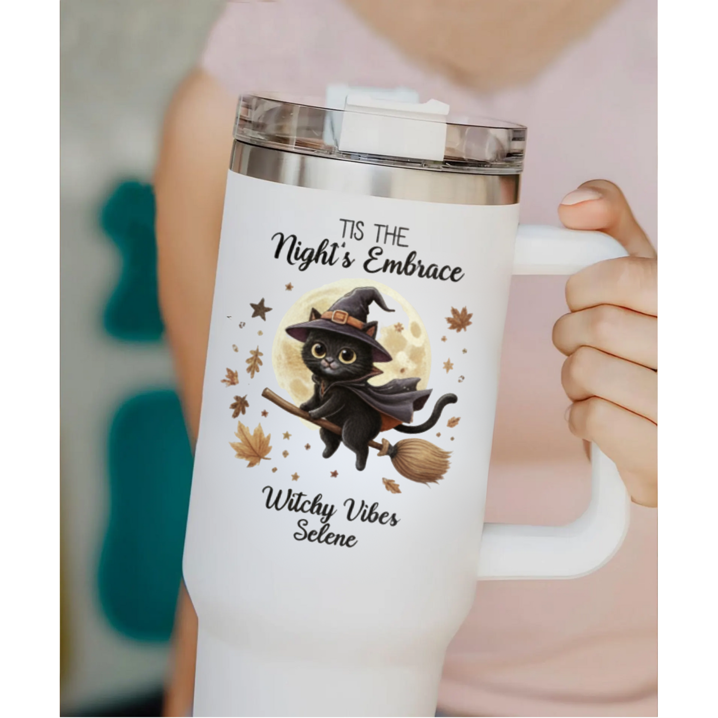 Custom Halloween Tumbler for Cat Lovers | Personalized Black Cat & Ghost Design | 20oz or 40oz Halloween Travel Cup | Perfect Customizable Gift for Halloween | Halloween Gift for Lovers, Mom