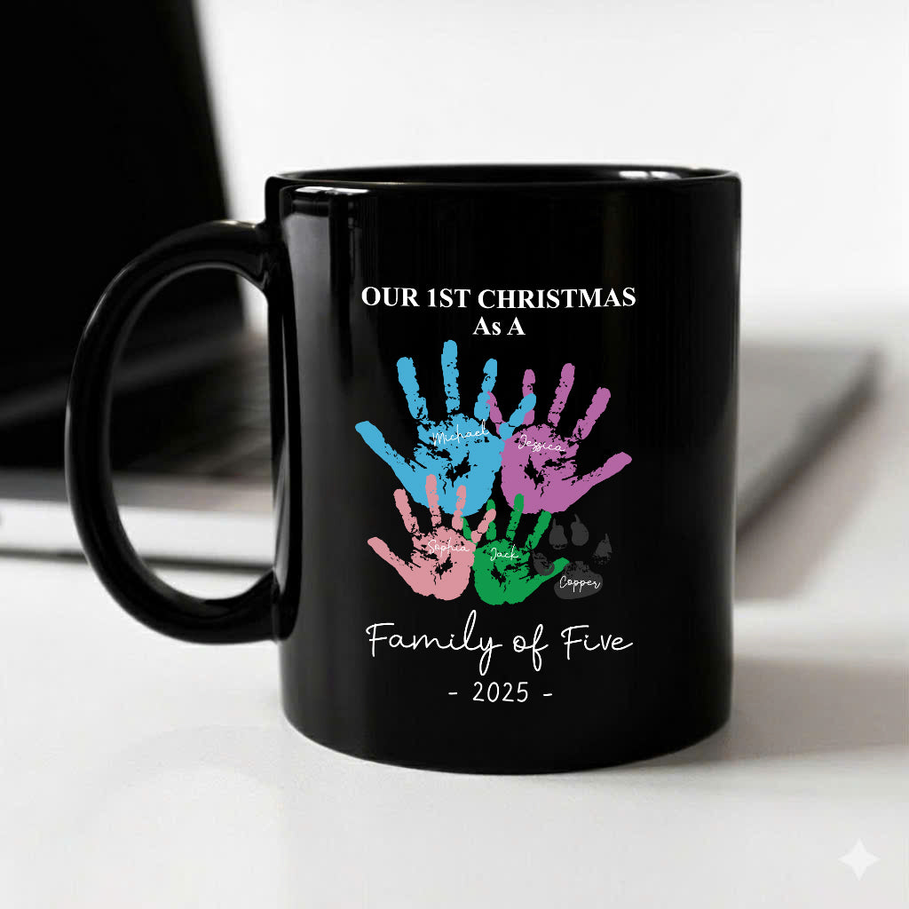 First Christmas As A Family Of Four Handprints - Personalized Mug White & Black