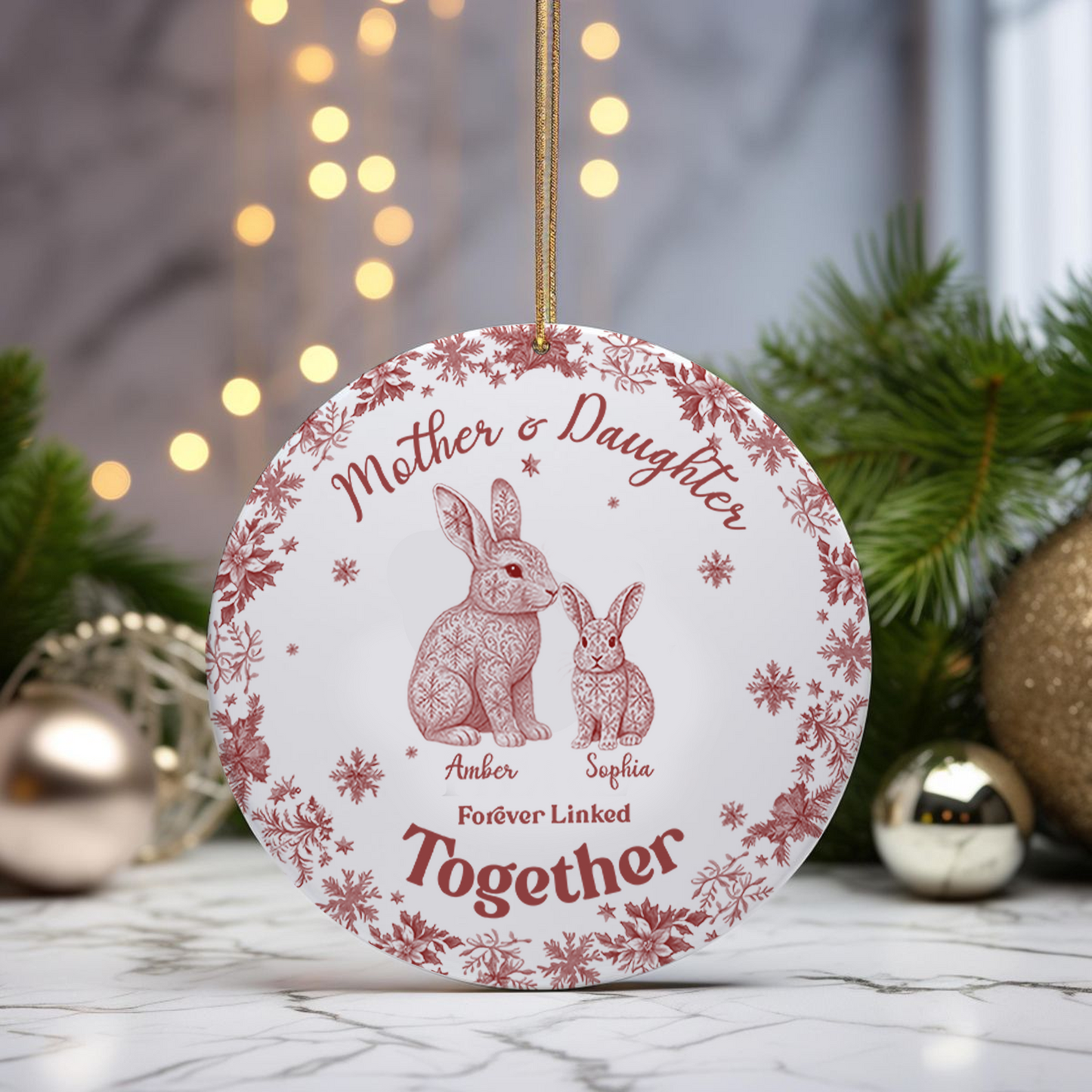Custom Rabbit Toile de Jouy Ceramic Ornament – Personalized Circle Ceramic Gift for Mom & Daughter/Son, Forever Linked Together