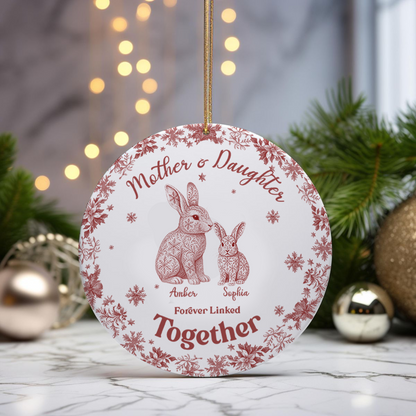 Custom Rabbit Toile de Jouy Ceramic Ornament – Personalized Circle Ceramic Gift for Mom & Daughter/Son, Forever Linked Together