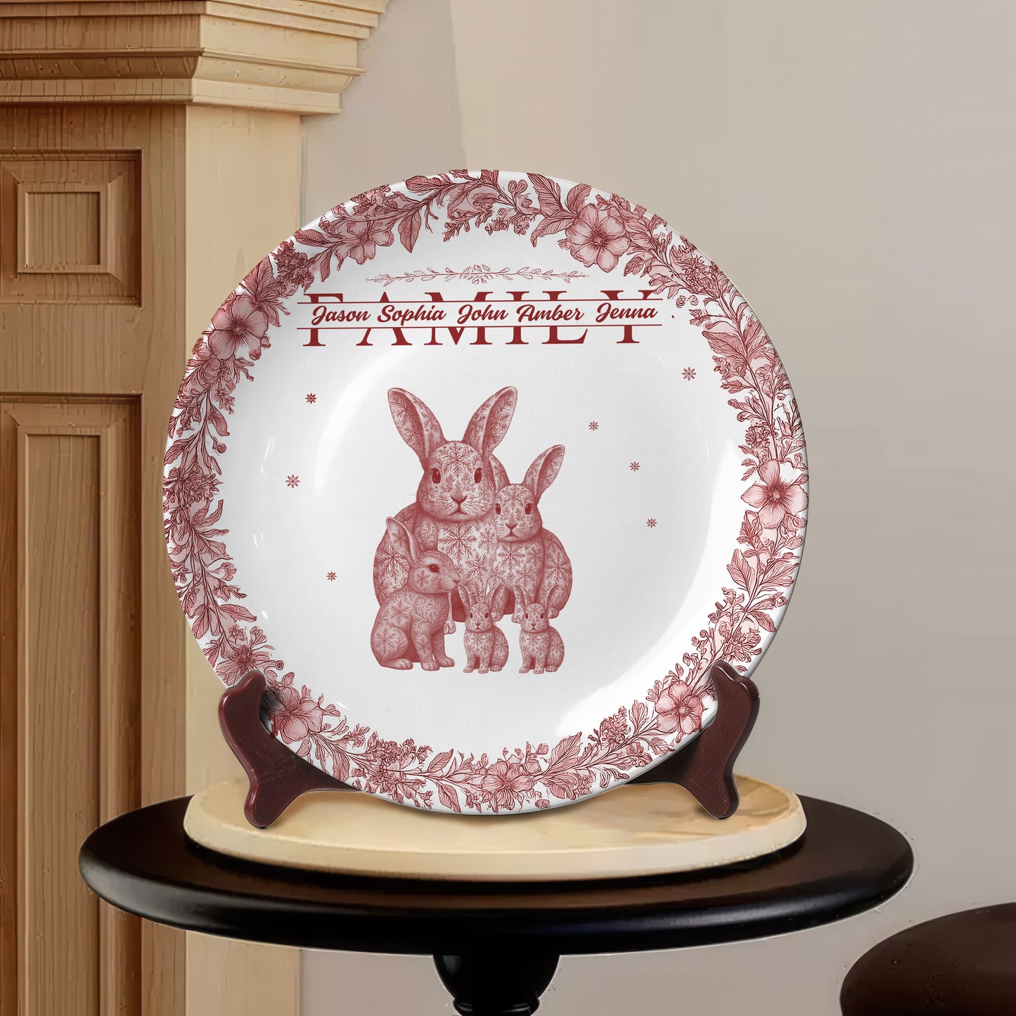Custom Rabbit Family Ceramic Plate with Stand – Personalized Gift for Home & Family Decor