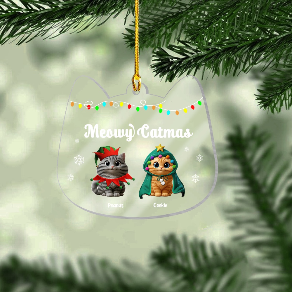 Custom Cat Christmas Ornament – Personalized "Meowy Catmas" Decoration with Pet Names