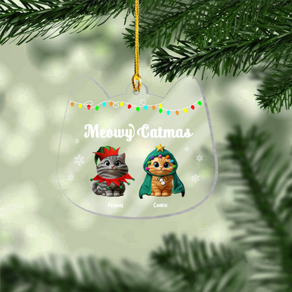 Custom Cat Christmas Ornament – Personalized "Meowy Catmas" Decoration with Pet Names