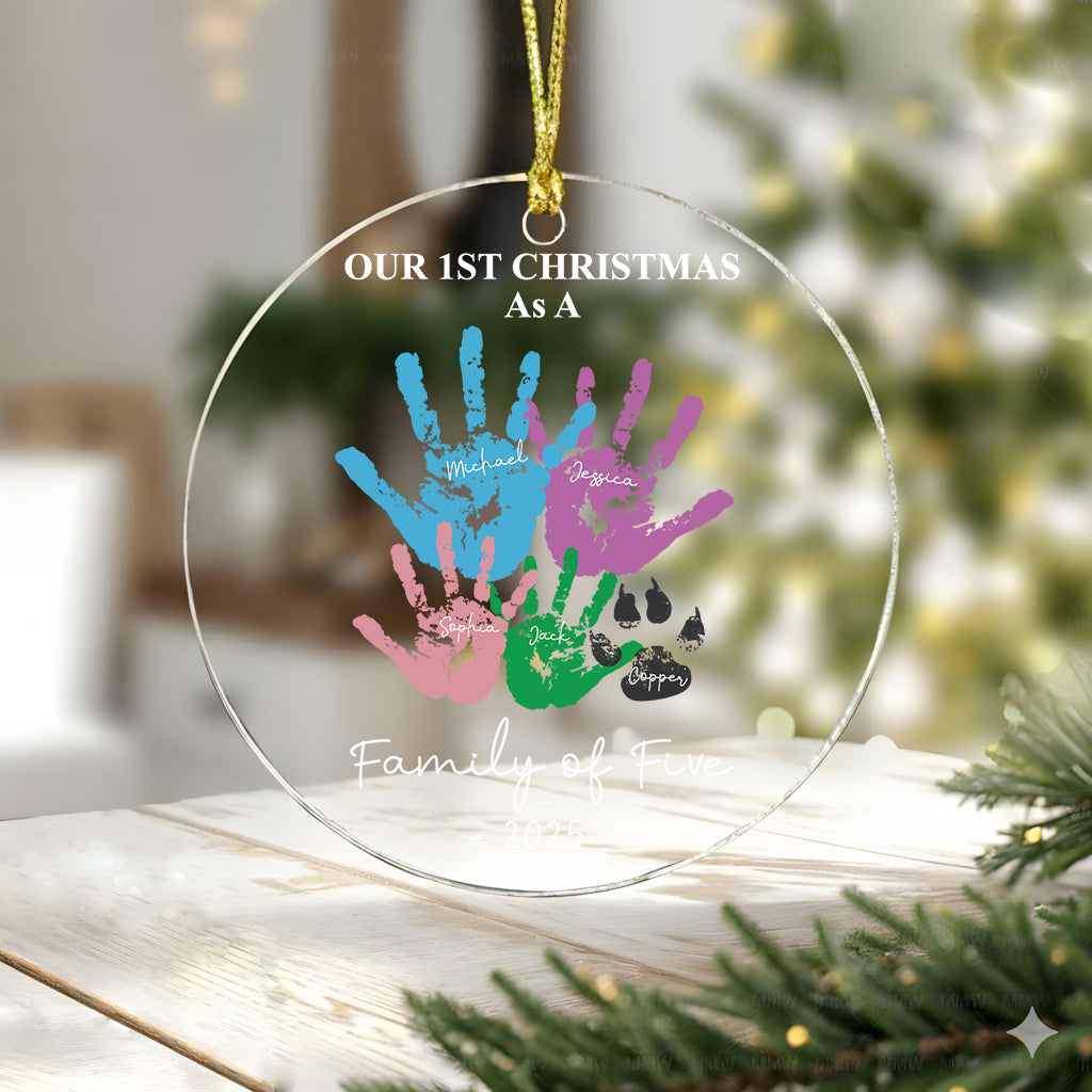 First Christmas As A Family Of Four Handprints - Personalized Circle Glass Ornament