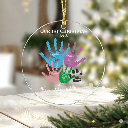 First Christmas As A Family Of Four Handprints - Personalized Circle Glass Ornament