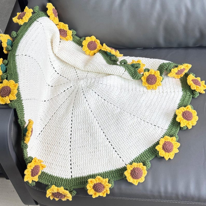 Handmade Crochet Sunflower Blanket – Cozy Beige Throw with Bright Yellow Floral Edging, Unique Home & Gift Idea