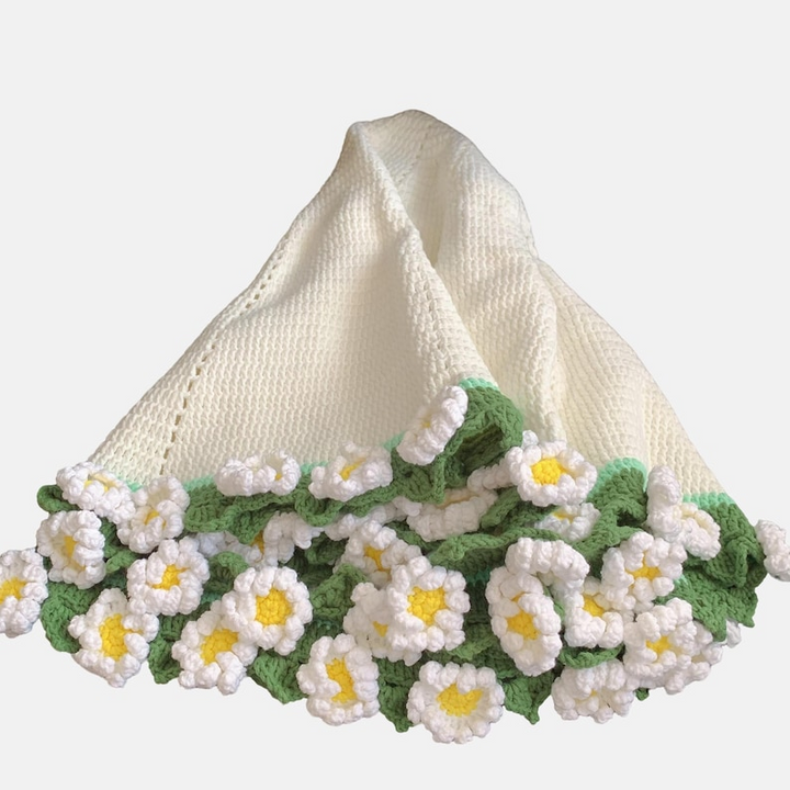 Handmade Crochet Sunflower Blanket – Cozy Beige Throw with Bright Yellow Floral Edging, Unique Home & Gift Idea
