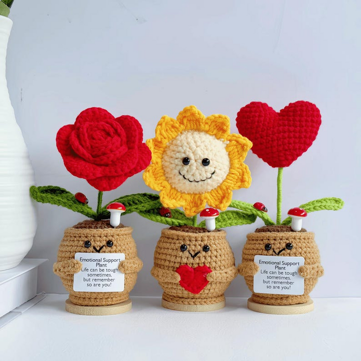 Crochet Emotional Support Plants – Handmade Rose, Sunflower & Heart Plush Decor with Cute Pot & Positive Message