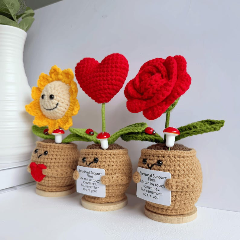 Crochet Emotional Support Plants – Handmade Rose, Sunflower & Heart Plush Decor with Cute Pot & Positive Message