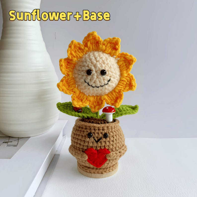 Crochet Emotional Support Plants – Handmade Rose, Sunflower & Heart Plush Decor with Cute Pot & Positive Message