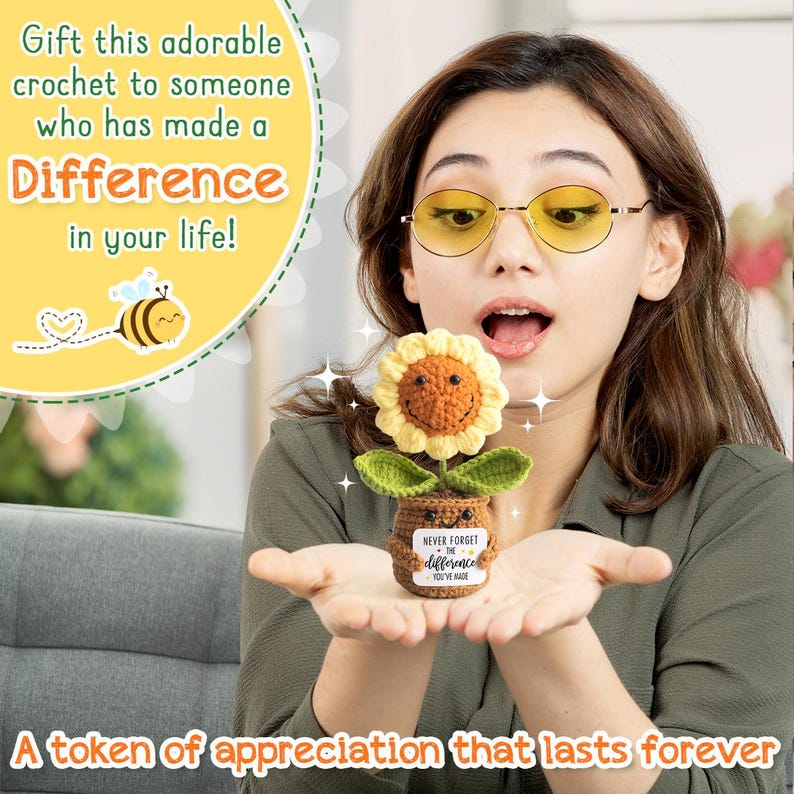 Handmade Smiling Sunflower Crochet Doll – “Never Forget the Difference You’ve Made” – Inspirational Appreciation Gift for Coworkers, Friends, Teachers & Loved Ones