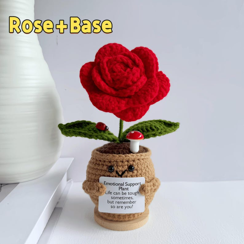 Crochet Emotional Support Plants – Handmade Rose, Sunflower & Heart Plush Decor with Cute Pot & Positive Message