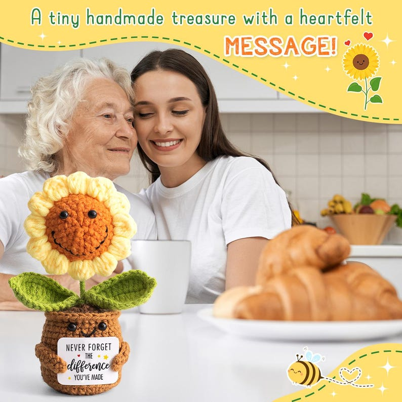 Handmade Smiling Sunflower Crochet Doll – “Never Forget the Difference You’ve Made” – Inspirational Appreciation Gift for Coworkers, Friends, Teachers & Loved Ones
