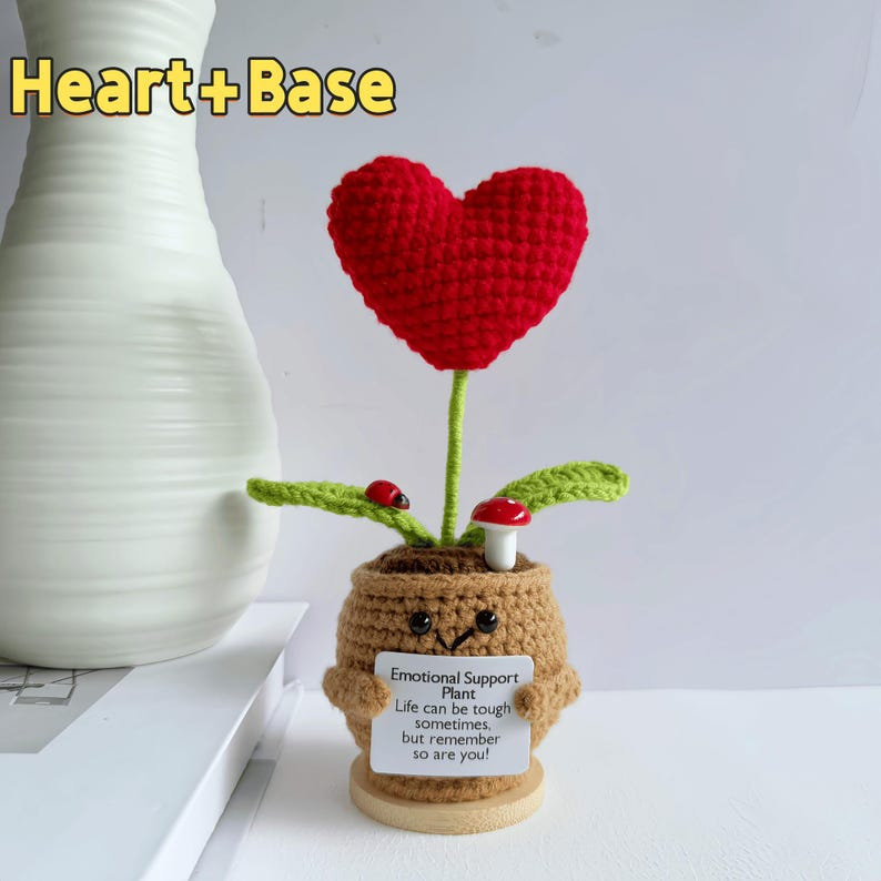 Crochet Emotional Support Plants – Handmade Rose, Sunflower & Heart Plush Decor with Cute Pot & Positive Message