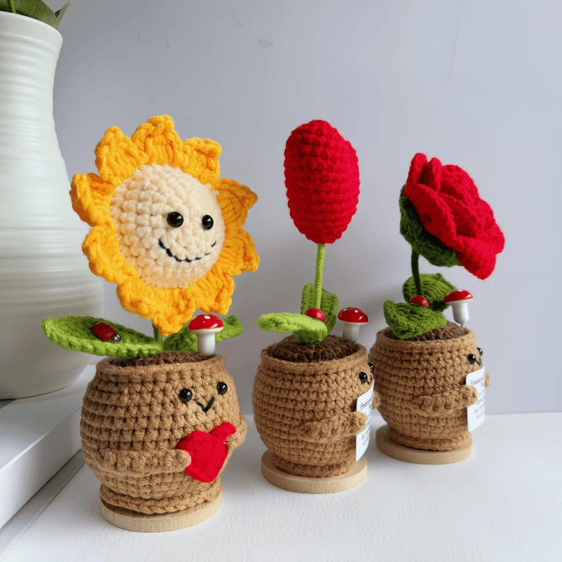 Crochet Emotional Support Plants – Handmade Rose, Sunflower & Heart Plush Decor with Cute Pot & Positive Message
