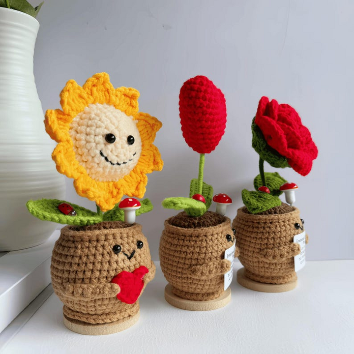 Crochet Emotional Support Plants – Handmade Rose, Sunflower & Heart Plush Decor with Cute Pot & Positive Message