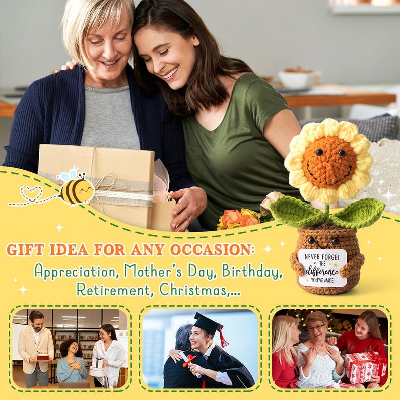 Handmade Smiling Sunflower Crochet Doll – “Never Forget the Difference You’ve Made” – Inspirational Appreciation Gift for Coworkers, Friends, Teachers & Loved Ones
