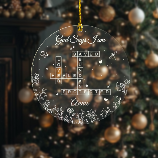 God Says I Am Crossword Acrylic Ornament – Personalized Christian Christmas Ornament with Custom Name, Faith-Inspired Gift for Her, Family & Friends