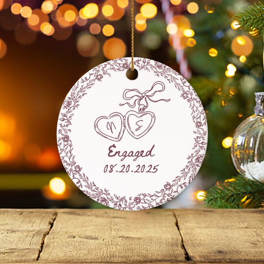 Personalized Engagement Ceramic Ornament – Custom Couple Gift with Toile de Jouy Design