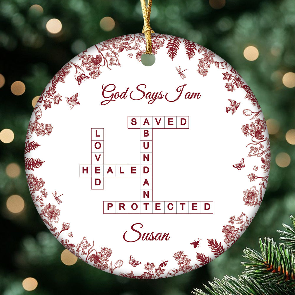 Custom “God Says I Am” Ceramic Ornament – Christian Crossword Design – Personalized Faith Gift for Women, Friends, and Family