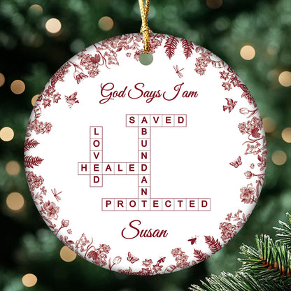 Custom “God Says I Am” Ceramic Ornament – Christian Crossword Design – Personalized Faith Gift for Women, Friends, and Family