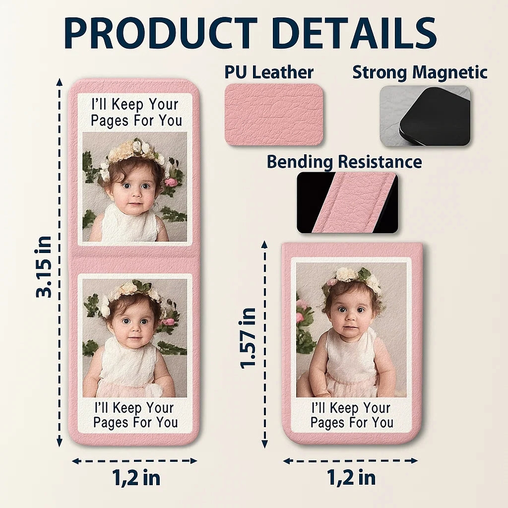 Custom Leather Magnetic Bookmark with Photo – Personalized “I’ll Keep Your Pages for You” Design