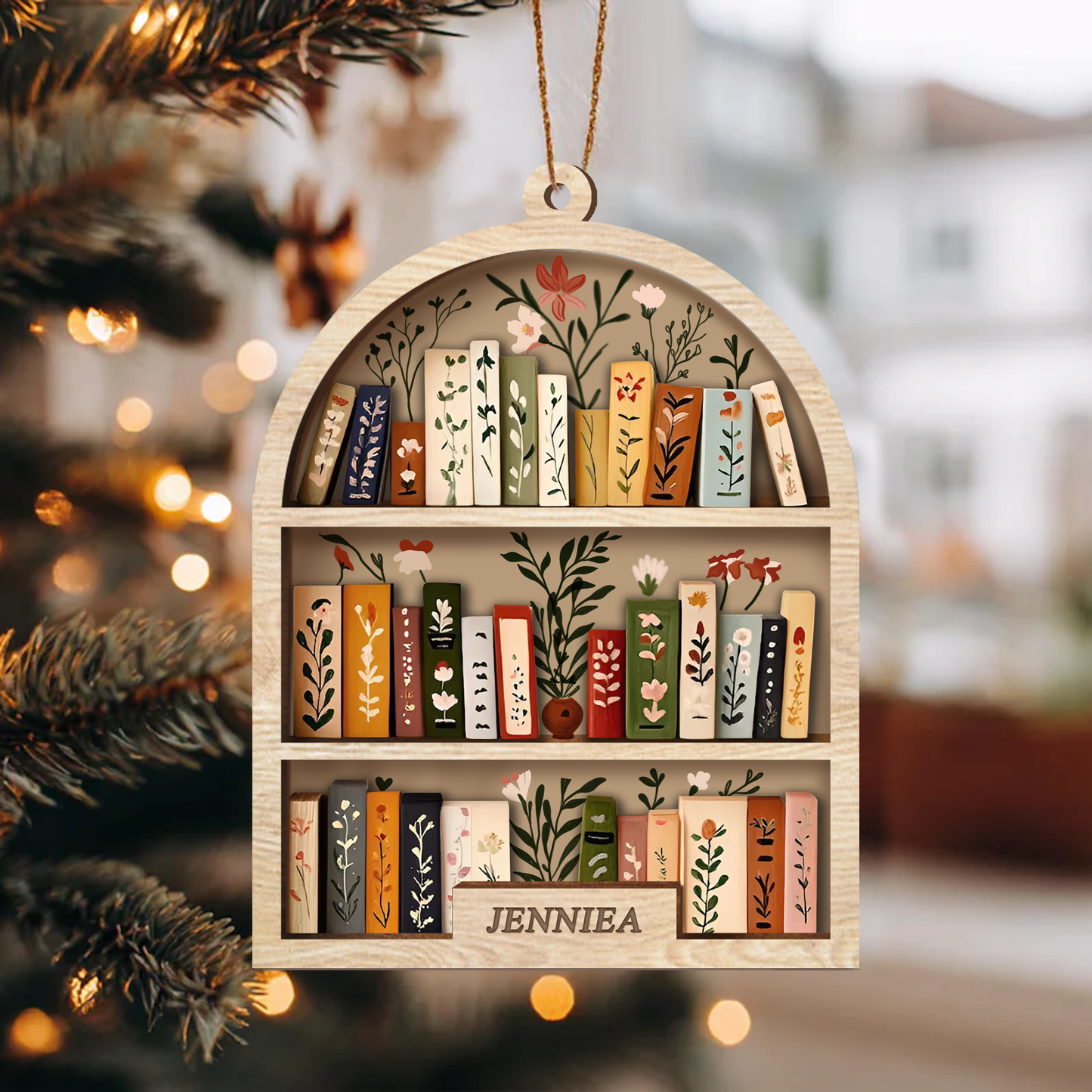Custom Book Lover Ornament Wooden Bookshelf Decor - Personalized Name Christmas Gift for Reader Librarian Teacher