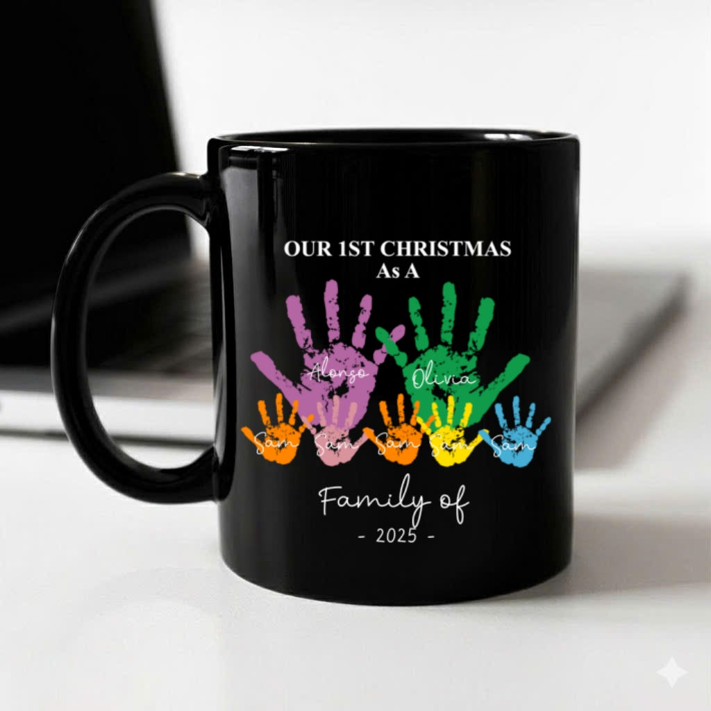First Christmas As A Family Of Four Handprints - Personalized Mug White & Black