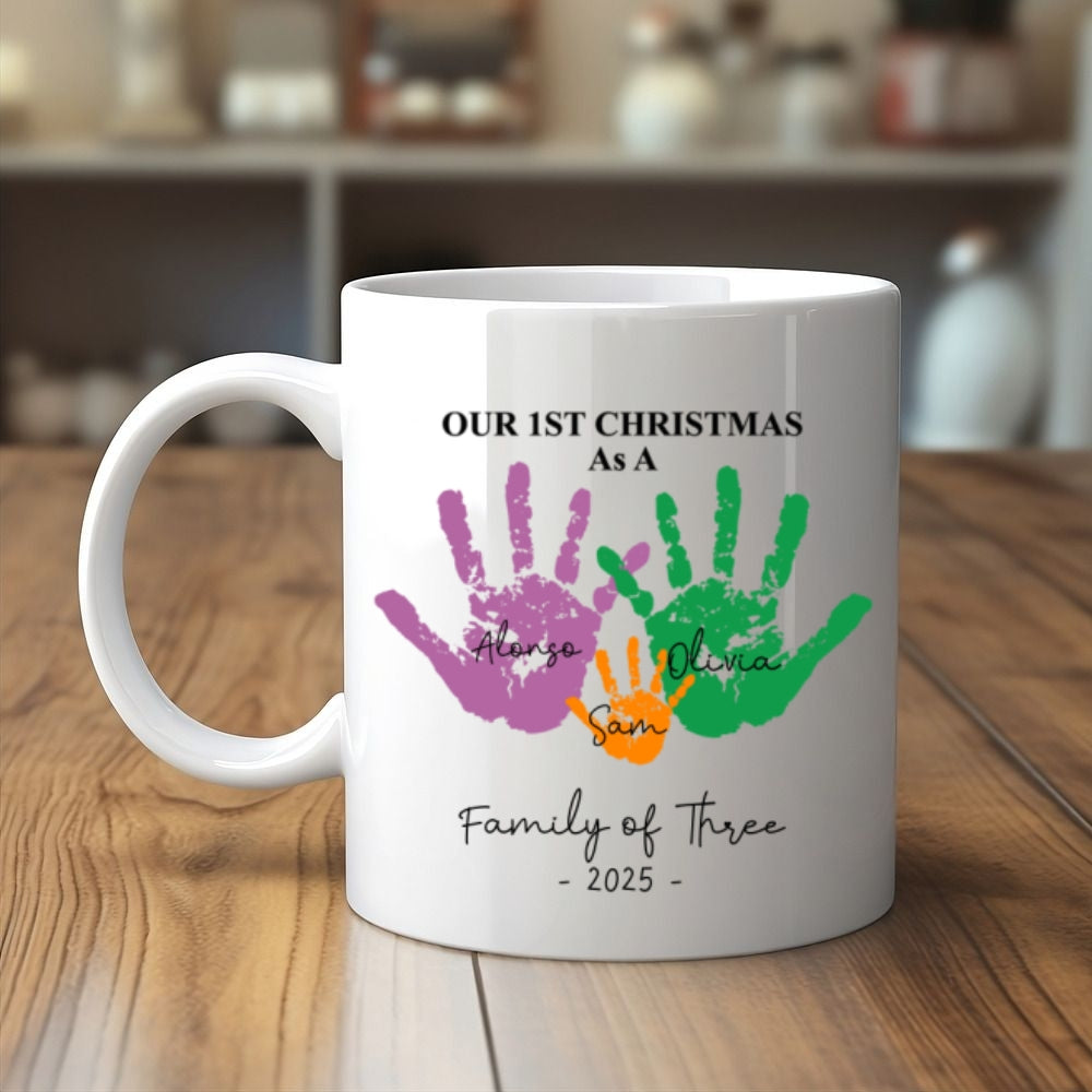 First Christmas As A Family Of Four Handprints - Personalized Mug White & Black