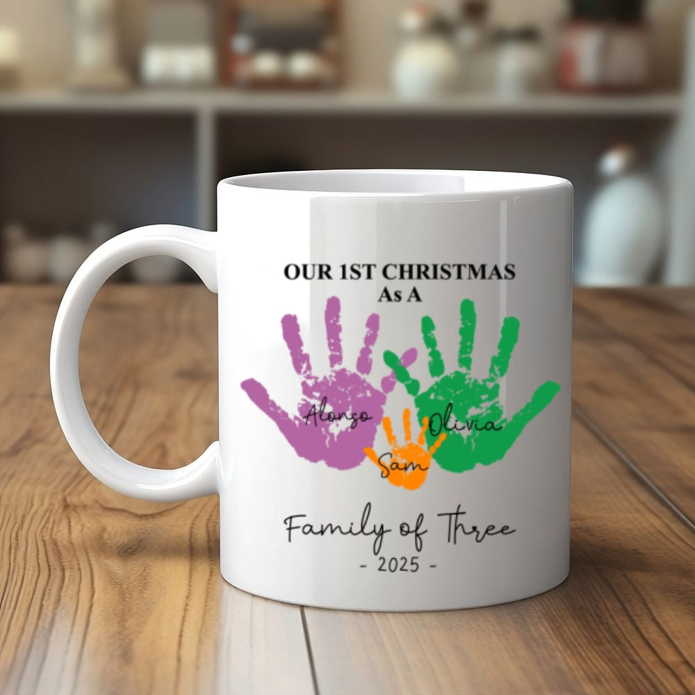First Christmas As A Family Of Four Handprints - Personalized Mug White & Black